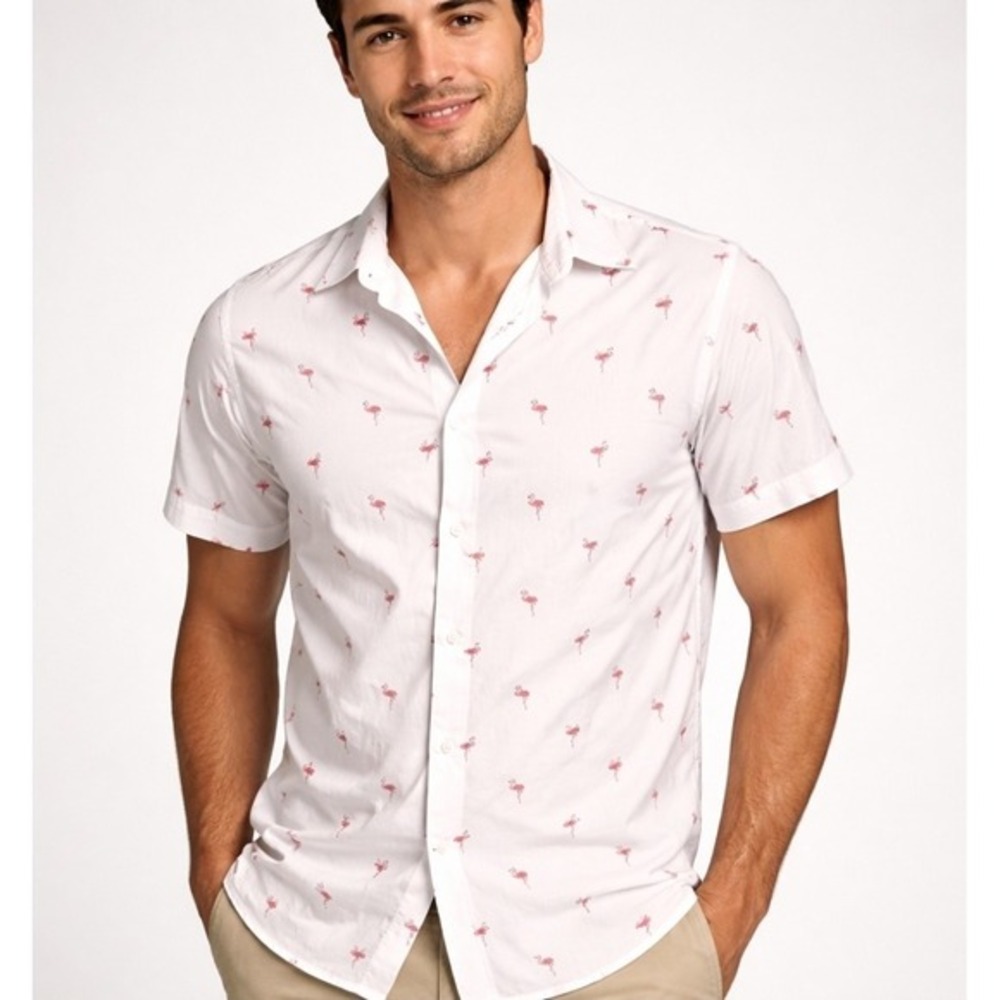 Cactus‎ Man Ricky Singh White Pink Flamingo Men's Shirt S Whimsy Tropical Print